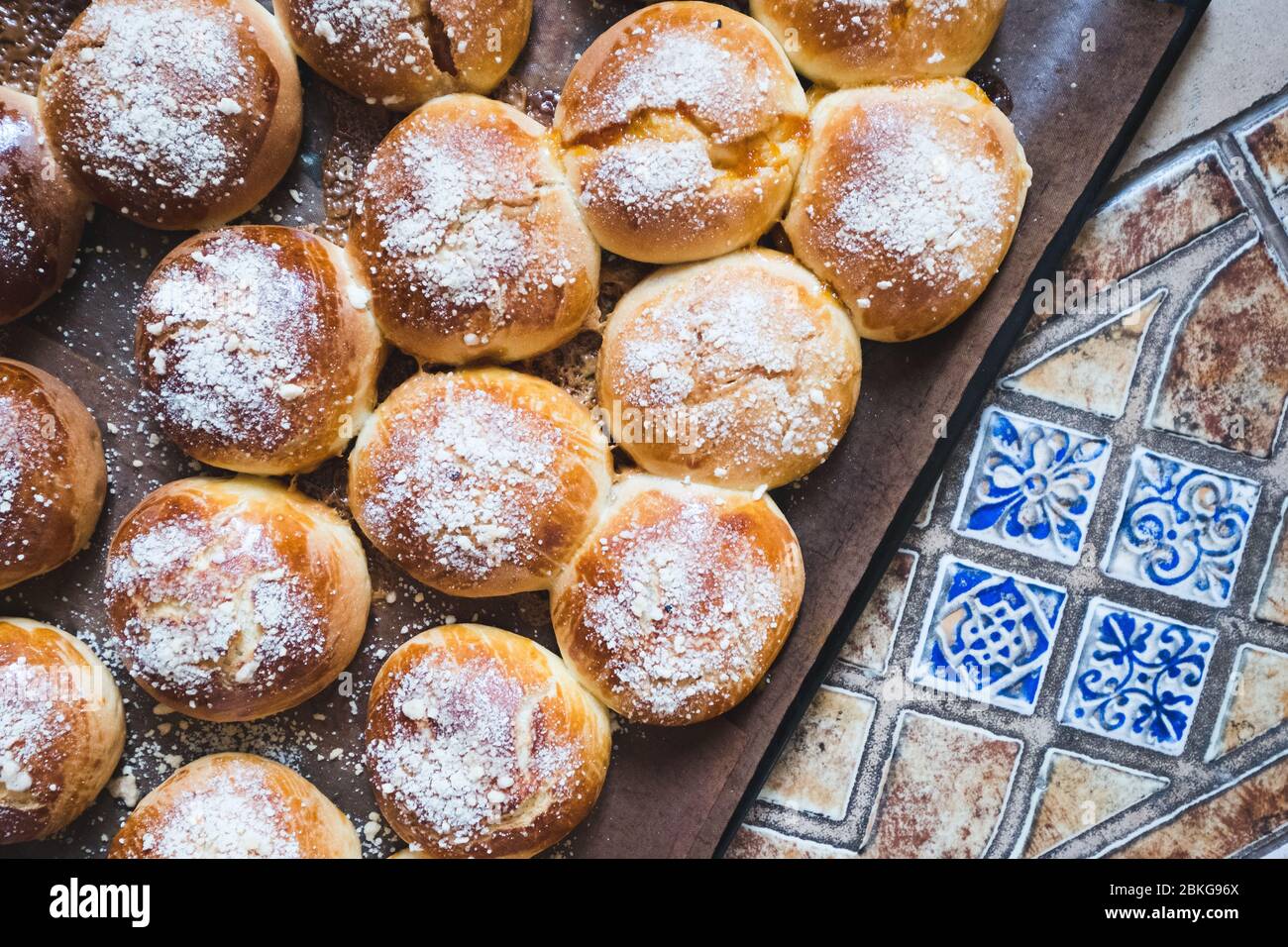 Whole grain buns on table. Fresh baked buns for breakfast Stock Photo