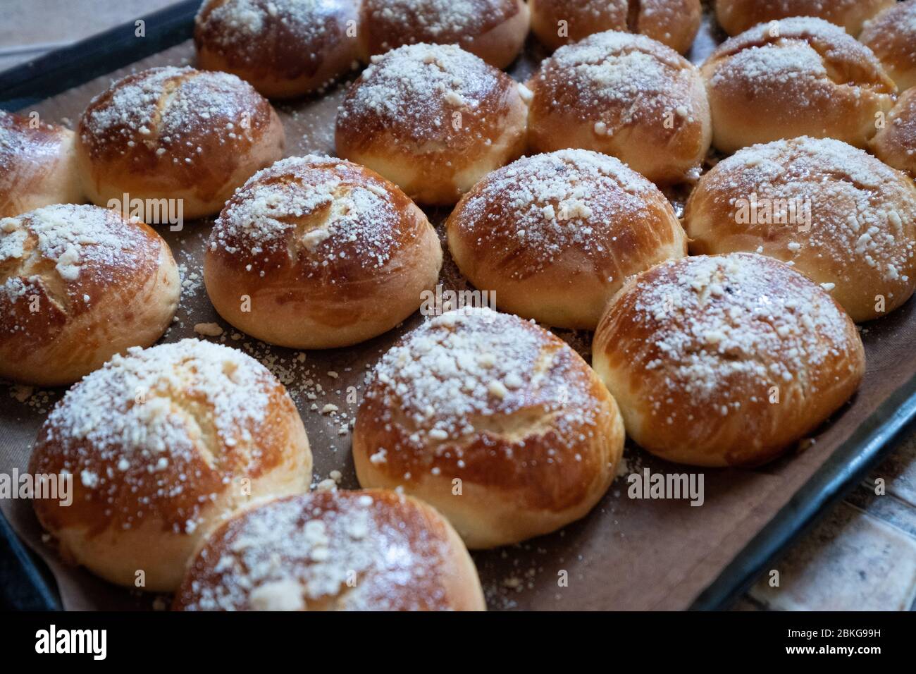Whole grain buns on table. Fresh baked buns for breakfast Stock Photo