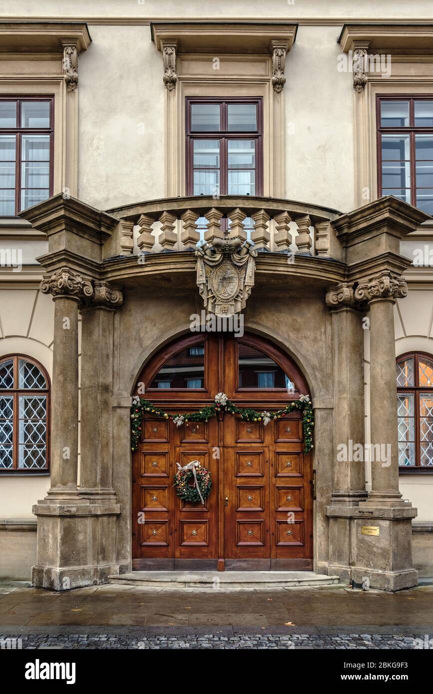Carved Wooden Doors in Prague Old Town Stock Photo