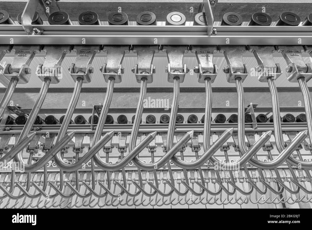 Meat hanging hook.Industrial loading dock area inside cold storage