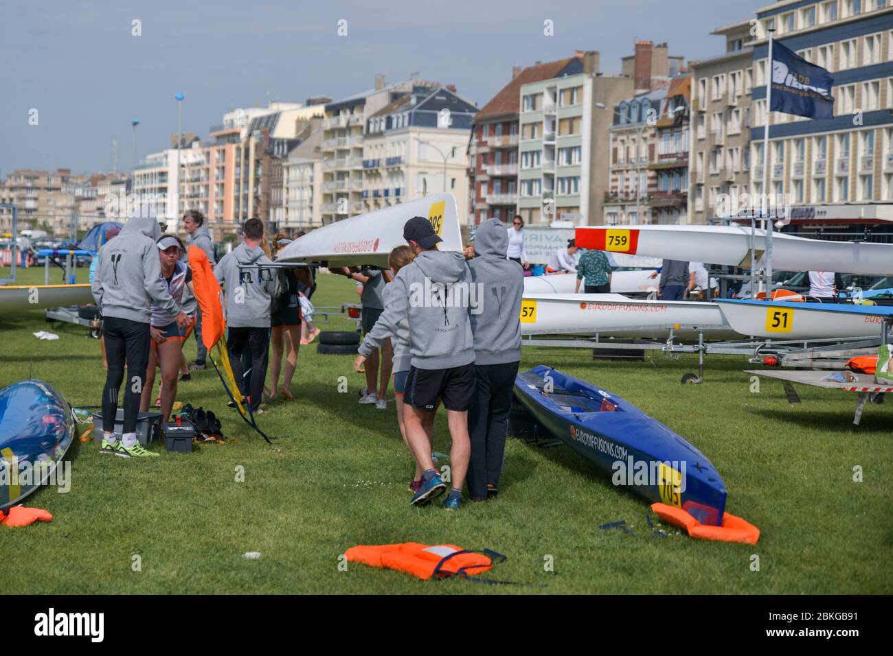 DIEPPE, FRANCE MAY 25, 2019 French Rowing Championship. Water Rowing boats and teams Stock