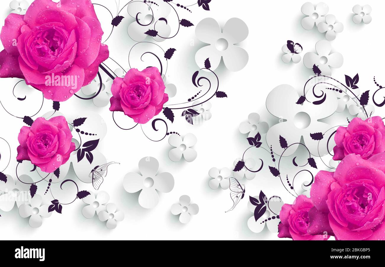 3d mural Flowers background with Deer and circle wallpaper for walls