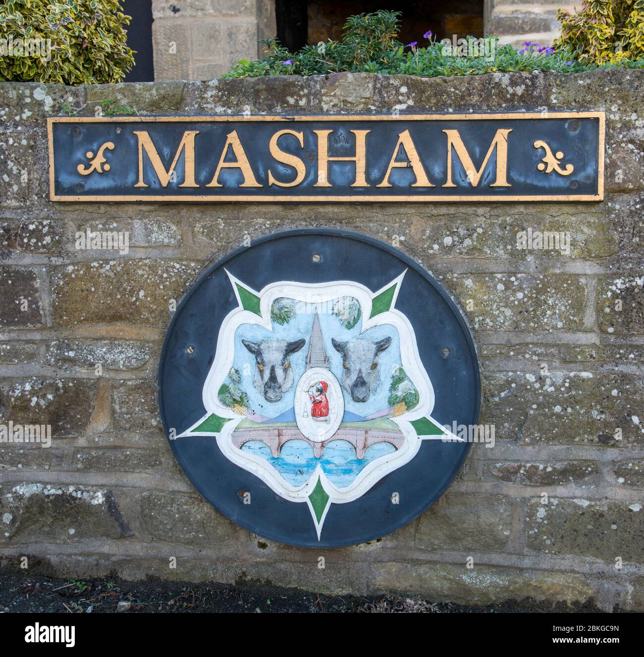 Town sign for Masham in North Yorkshire Stock Photo