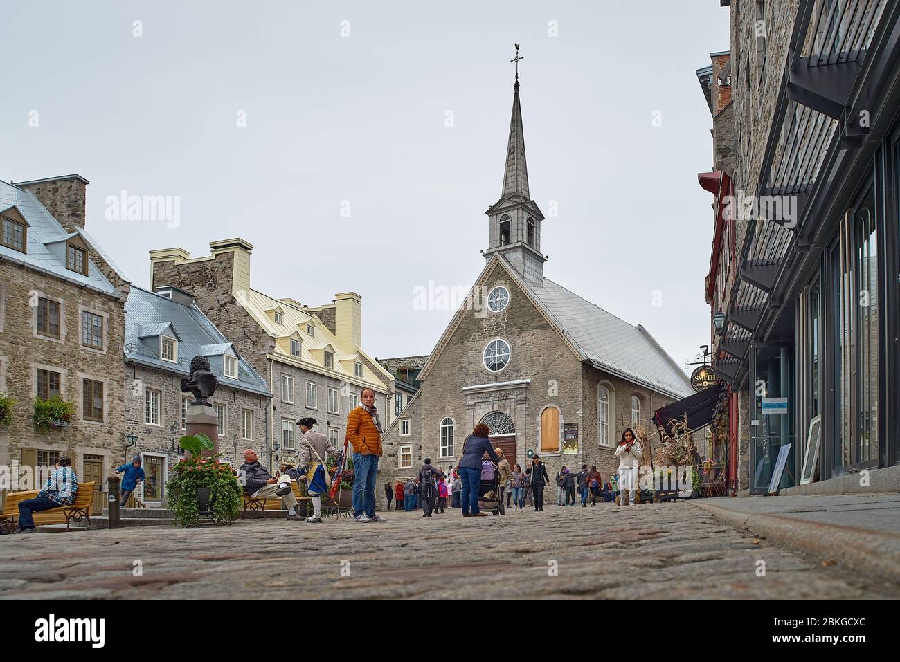 Quebec, Canada September 23, 2018: Early Morning View of Notre-Dame-des-Victoires Church in Place Royale of Old Quebec city, Canada. Stock Photo