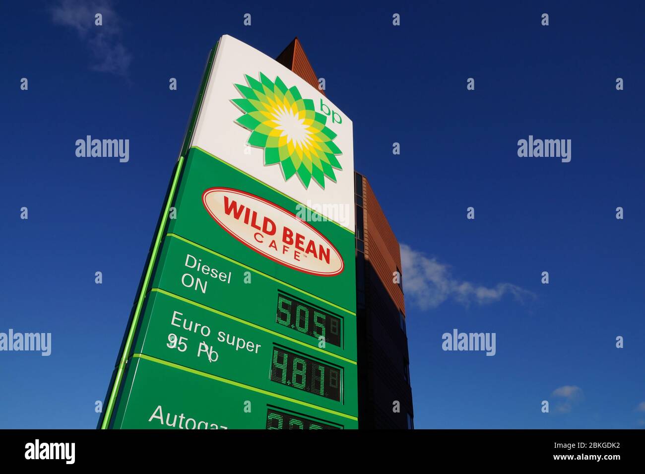 Poland. BP gas station. Advertising pylon with fuel prices. February 2020. Stock Photo