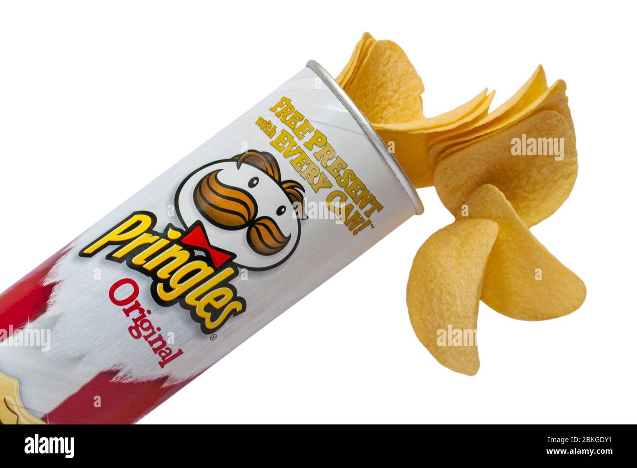 tub of Pringles Original Christmas edition opened with contents spilled