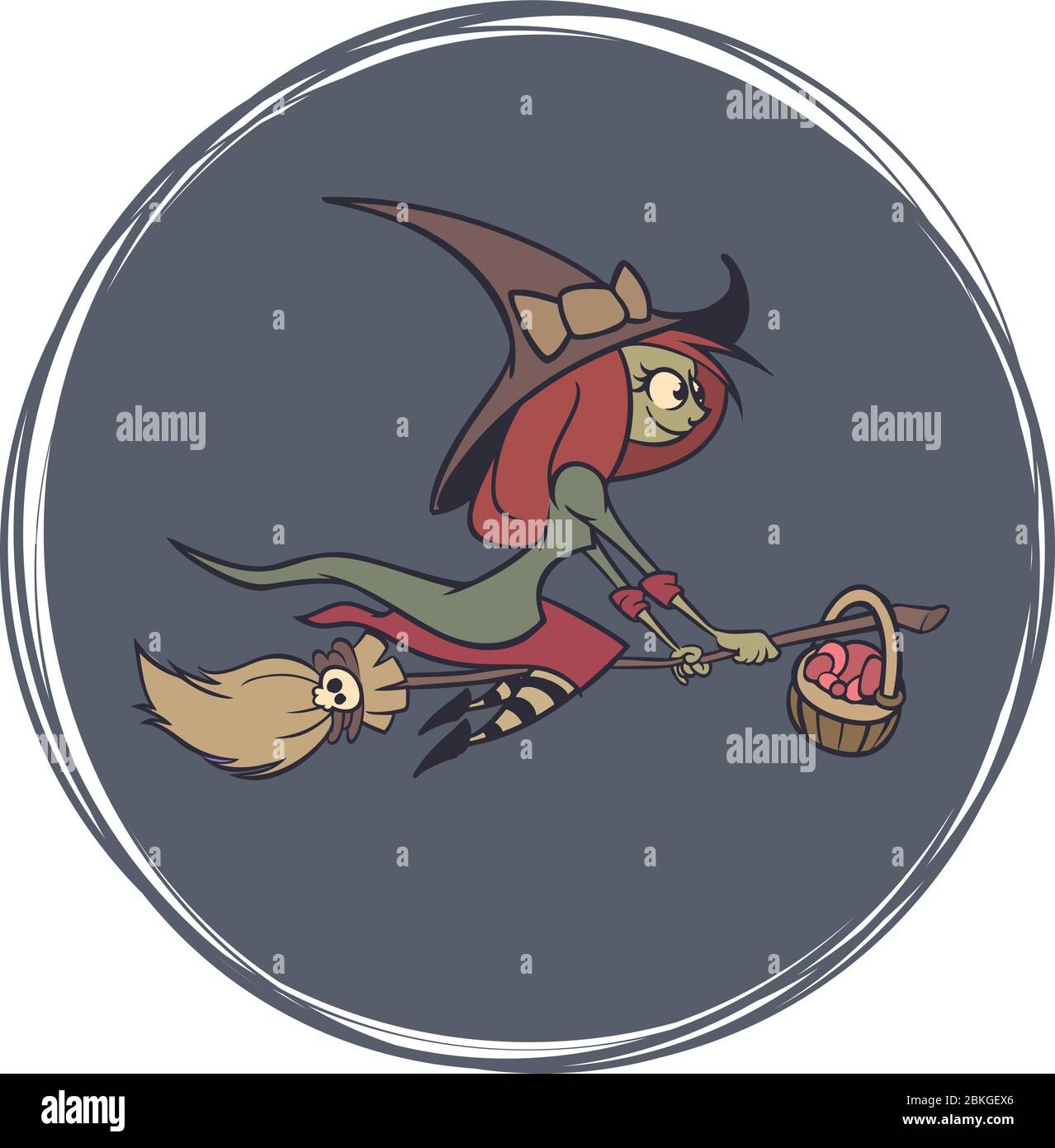 Halloween background with cute witch flying on her broom. Vector ...