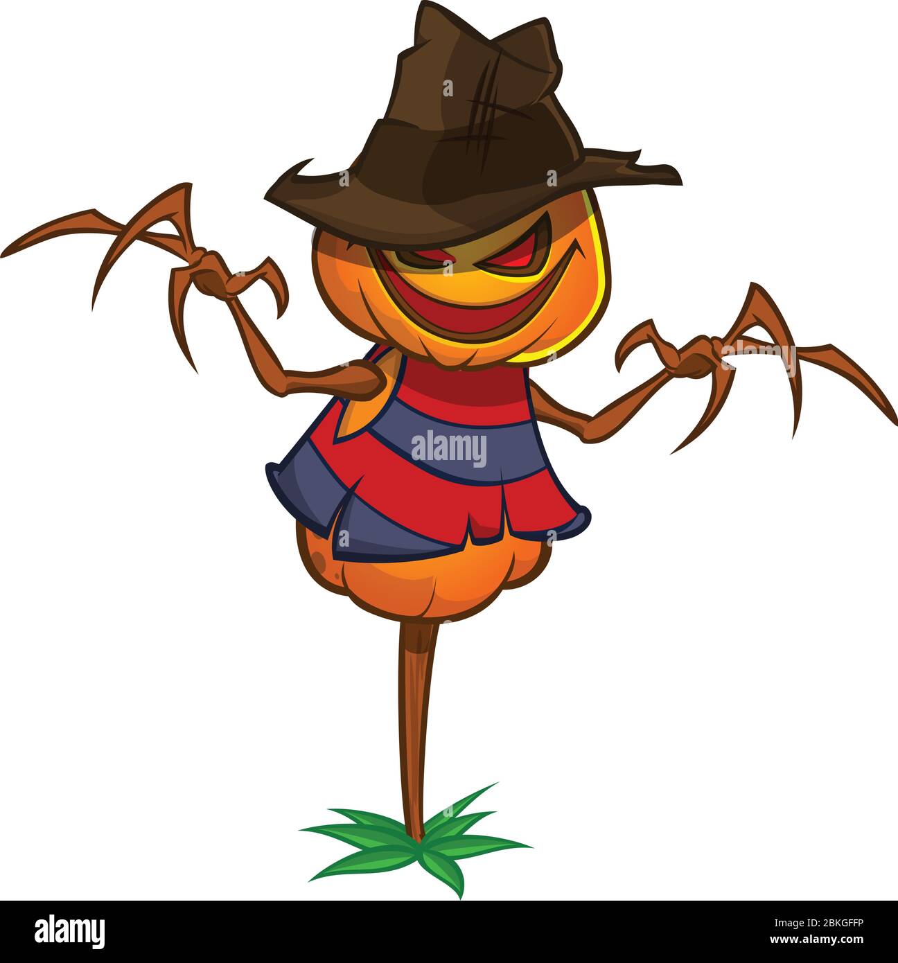 Halloween scarecrow with pumpkin head. Cartoon pumpkin monster with smiling expression Stock Vector