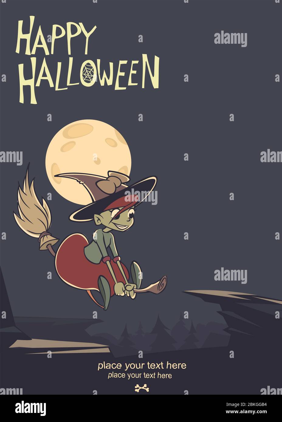 Halloween background with cute witch flying on her broom on a full moon ...