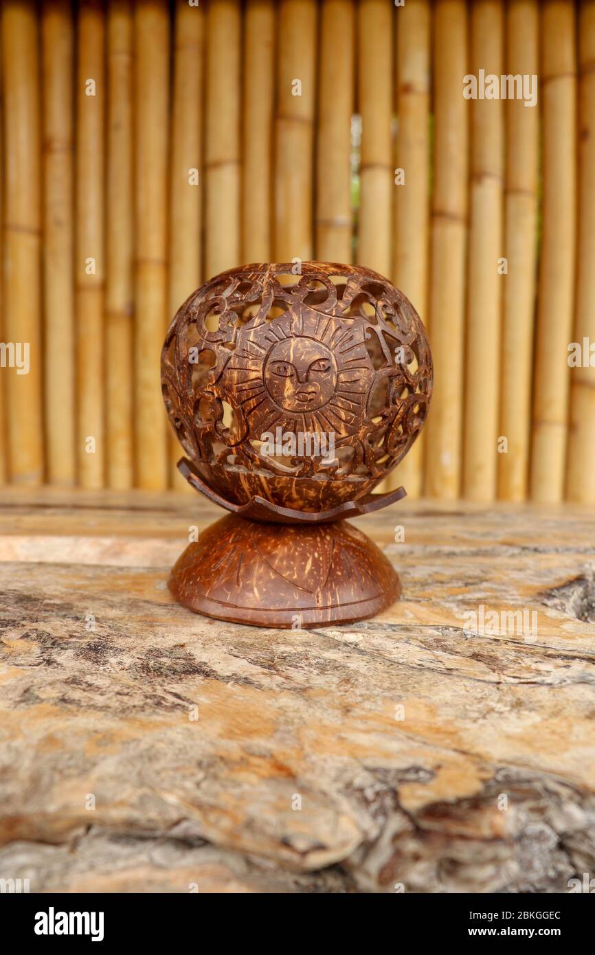 Coconut shell carving. Handicraft of indigenous people in Bali