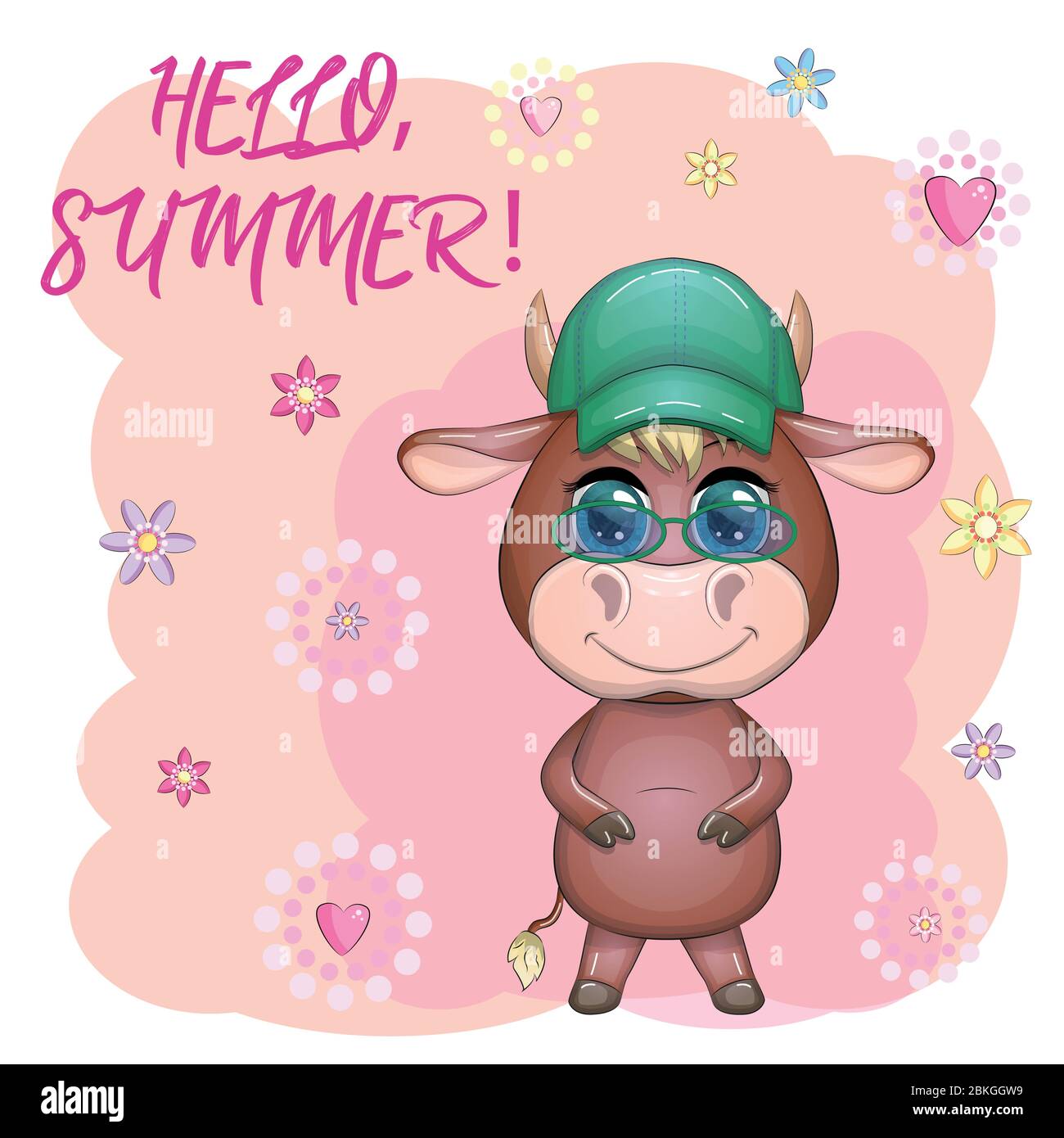 Cute cartoon bull in panama among the flowers. Summer is coming Stock Vector