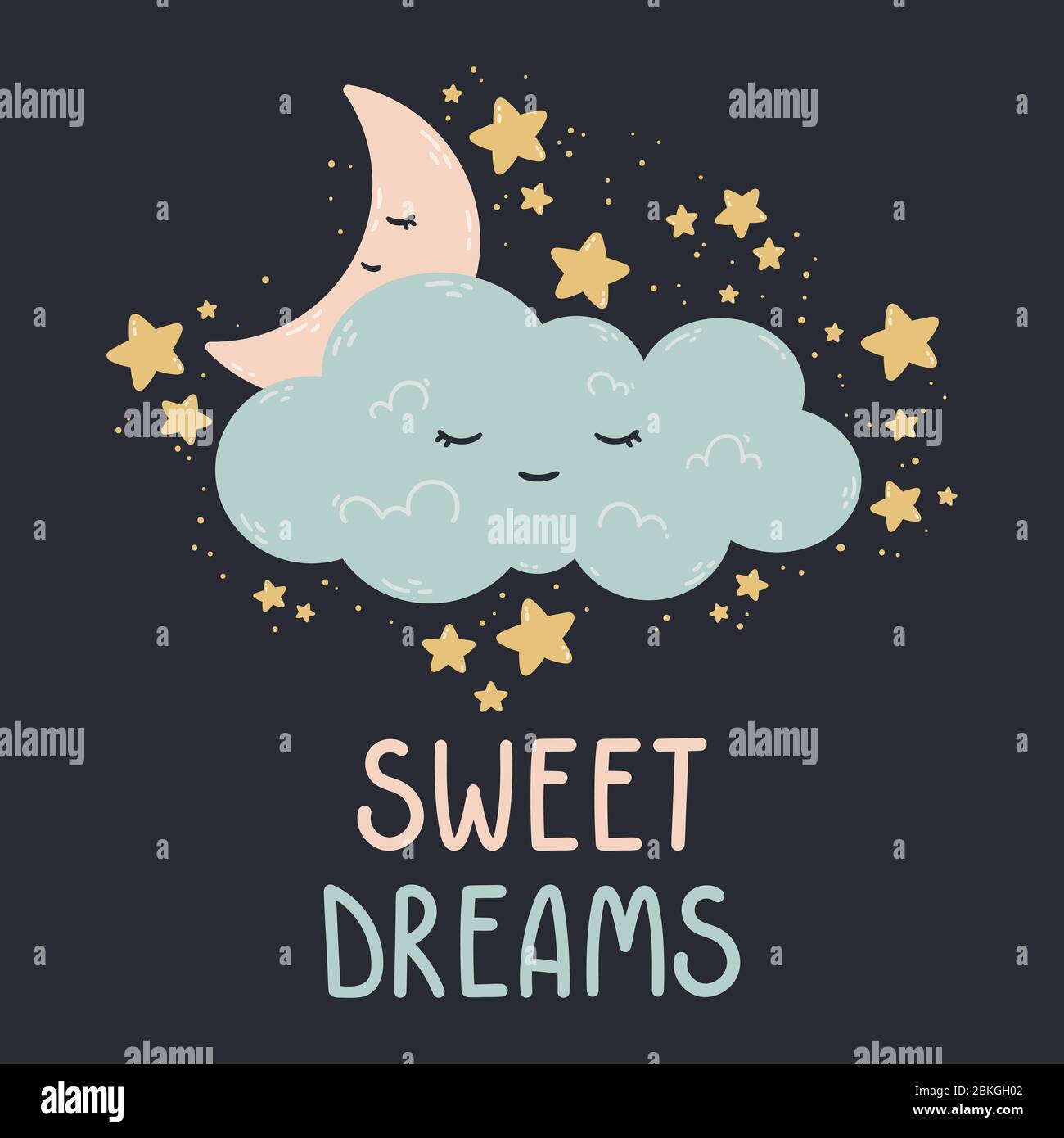 Cute poster with moon, stars, cloud on a dark background. Vector print for baby room, greeting card, kids and baby t-shirts and clothes, womenswear. S Stock Vector