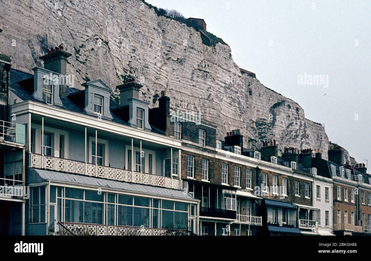 terraced houses in front of white cliffs, April 09, 1983, Dover, Kent