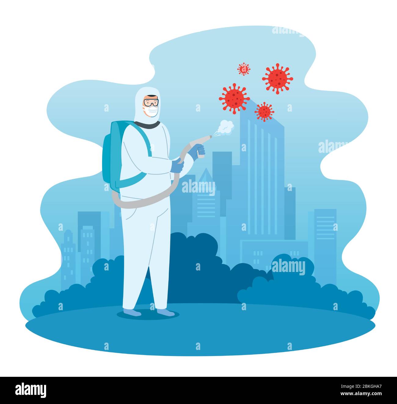 campaign of stop 2019 ncov and person using biohazard suit Stock Vector