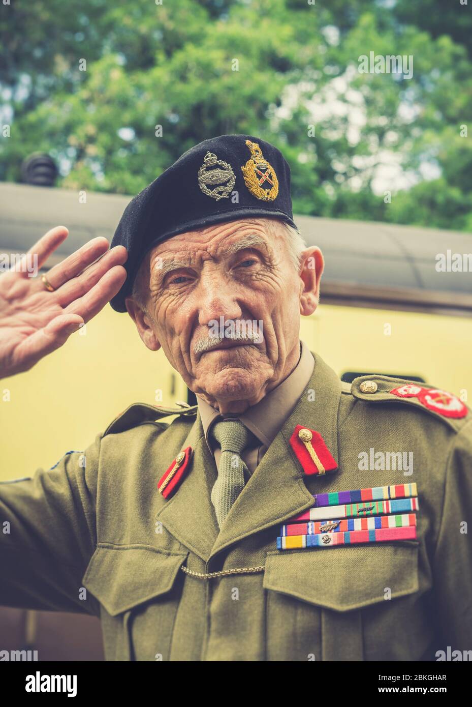 Retro front view close up of 1940s man in uniform, Severn Valley