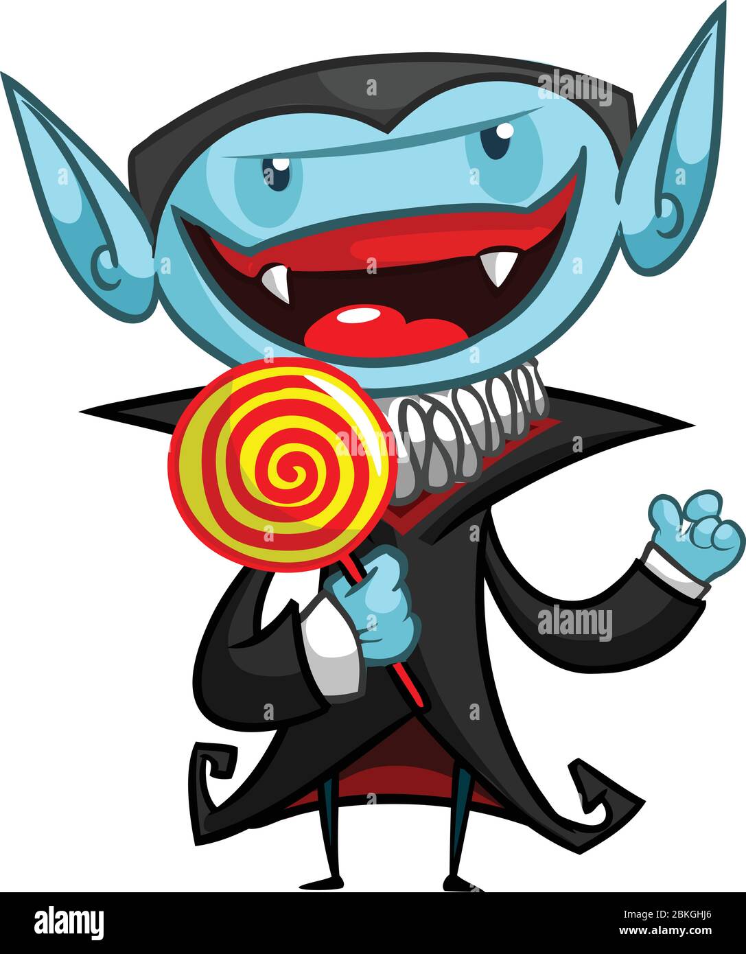 Cartoon funny vampire licking a lollipop. Vector illustration Stock Vector