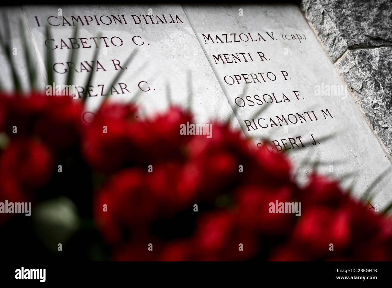 TURIN, ITALY - May 04, 2020: General view shows a detail of the monument dedicated to commemorate the Superga tragedy with names of some players died in the air disaster. On May 4, 1949, an airplane carrying the Grande Torino football team from Lisbon to Turin crashed into a wall of the Basilica of Superga over a hill near Turin killing members of the team. The 71th Annual commemoration of the Superga tragedy is celebrated respecting restrictions imposed by Italian government due COVID-19 coronavirus crisis. Credit: Sipa USA/Alamy Live News Stock Photo