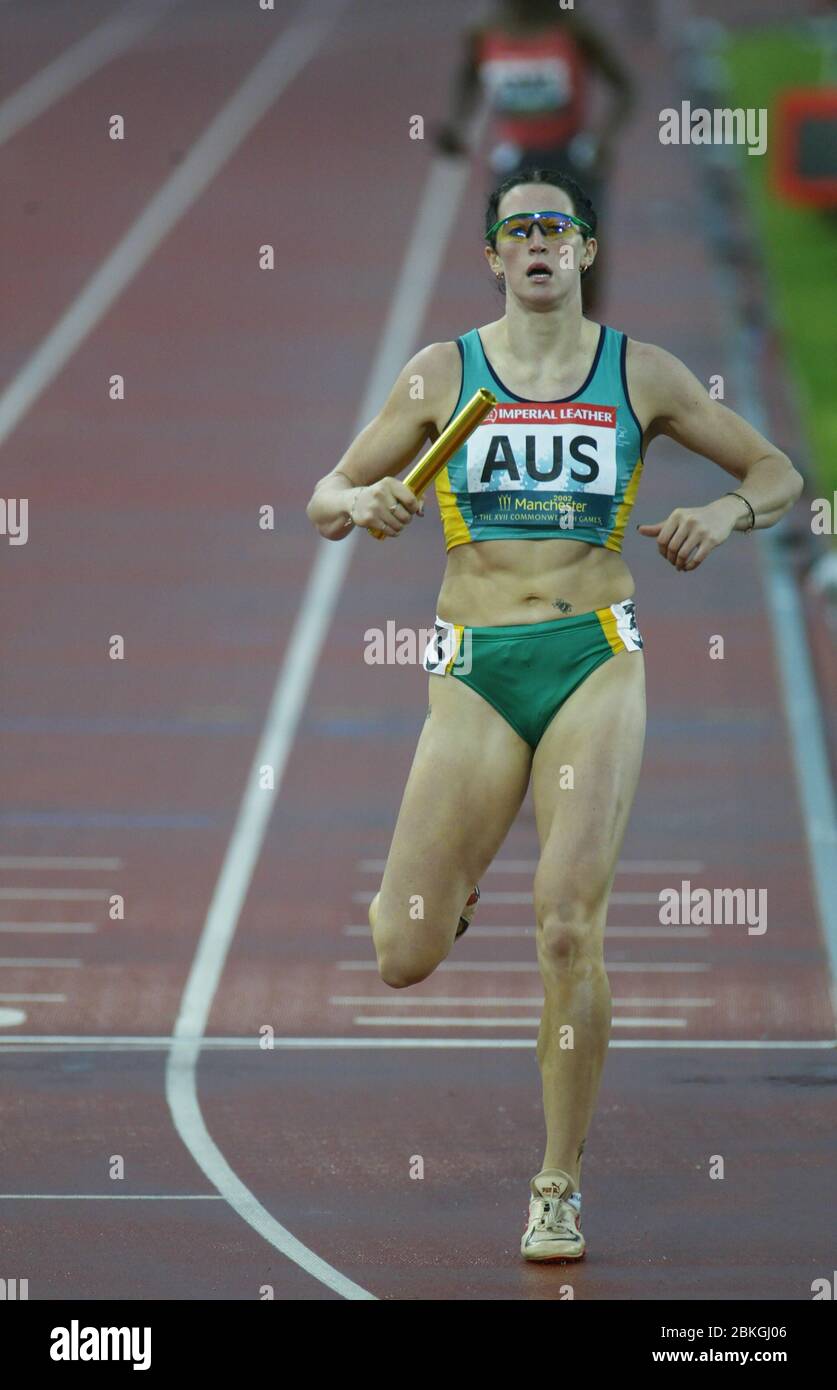 Manchester July 30 Jana Pittman Of Australia Celebrates Winning The Women S 4 X 400 Metres Relay Semi Final At The City Of Manchester Stadium Duri Stock Photo Alamy