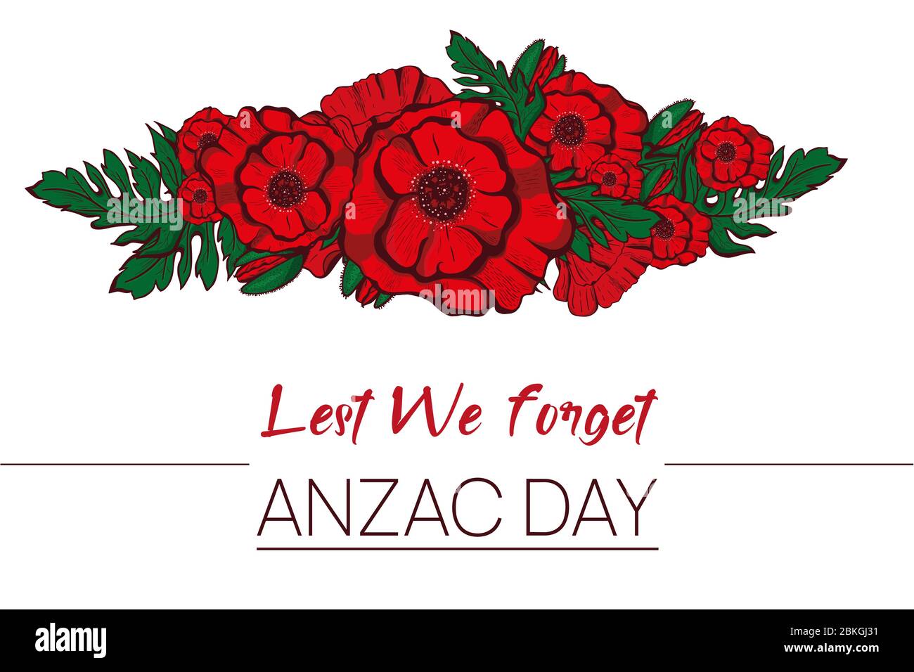Remembrance poppy and lest we forget the concept banner. Vector illustration with hand-drawn red poppy to Anzac day also known as Armistice day. Stock Vector