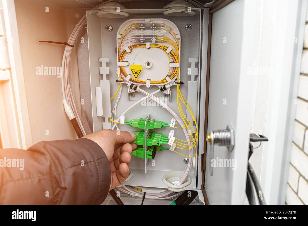Fiber optical network cables patch panel and switch. Stock Photo