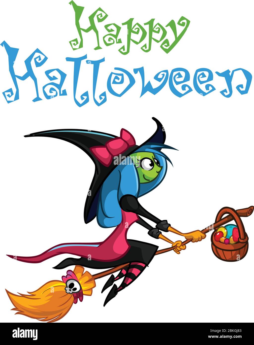 Halloween background with cute witch flying on her broom. Vector ...