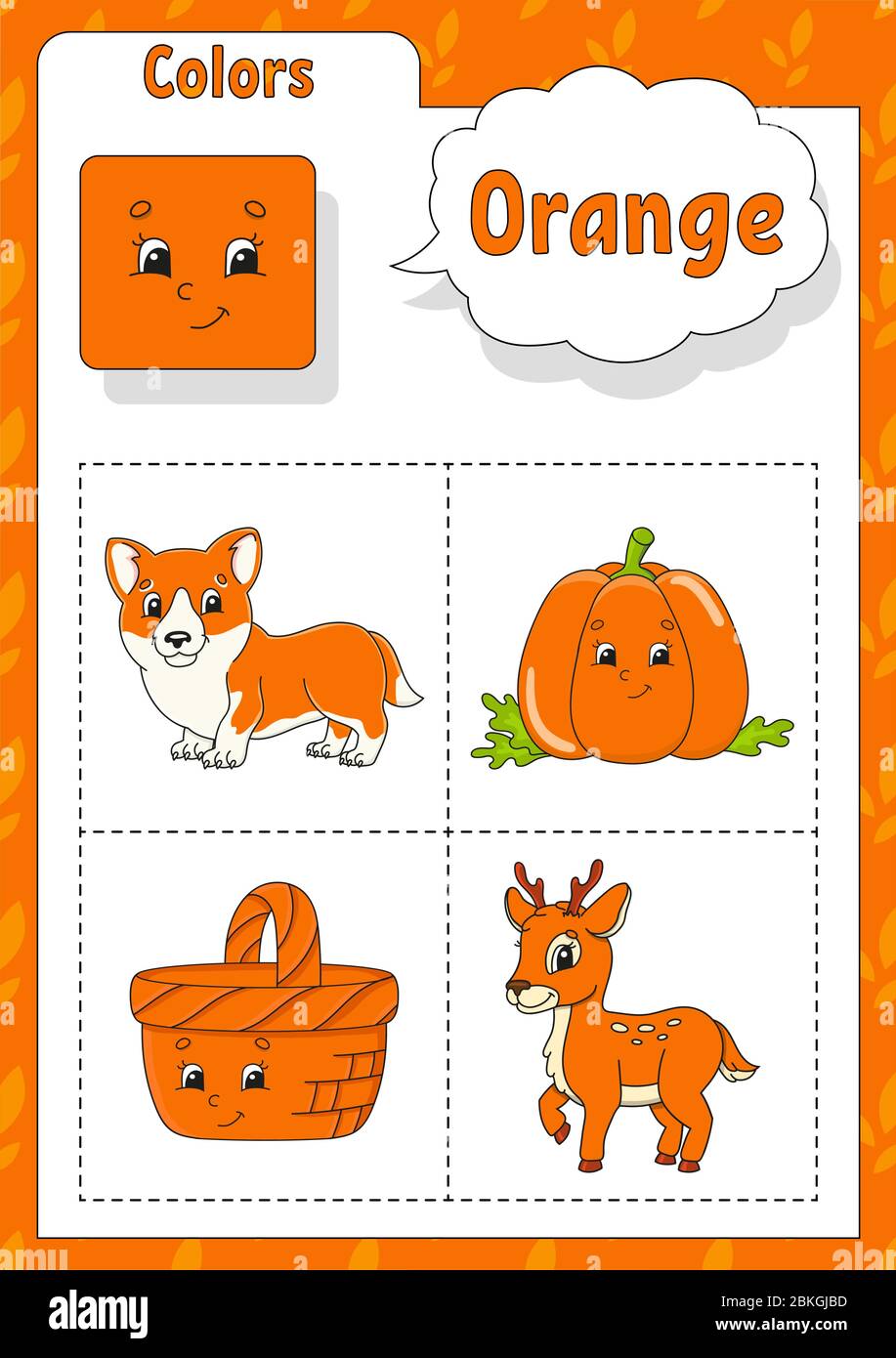 learning colors orange color flashcard for kids cute cartoon characters picture set for preschoolers education worksheet vector illustration stock vector image art alamy