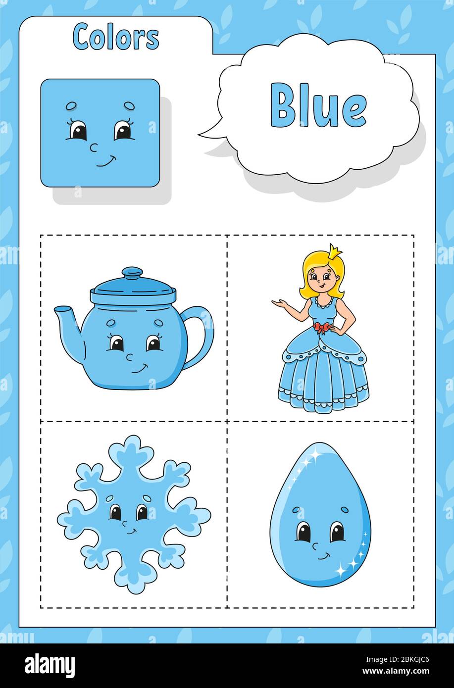 Learning colors. Blue color. Flashcard for kids. Cute cartoon characters.  Picture set for preschoolers. Education worksheet. Vector illustration  Stock Vector Image & Art - Alamy