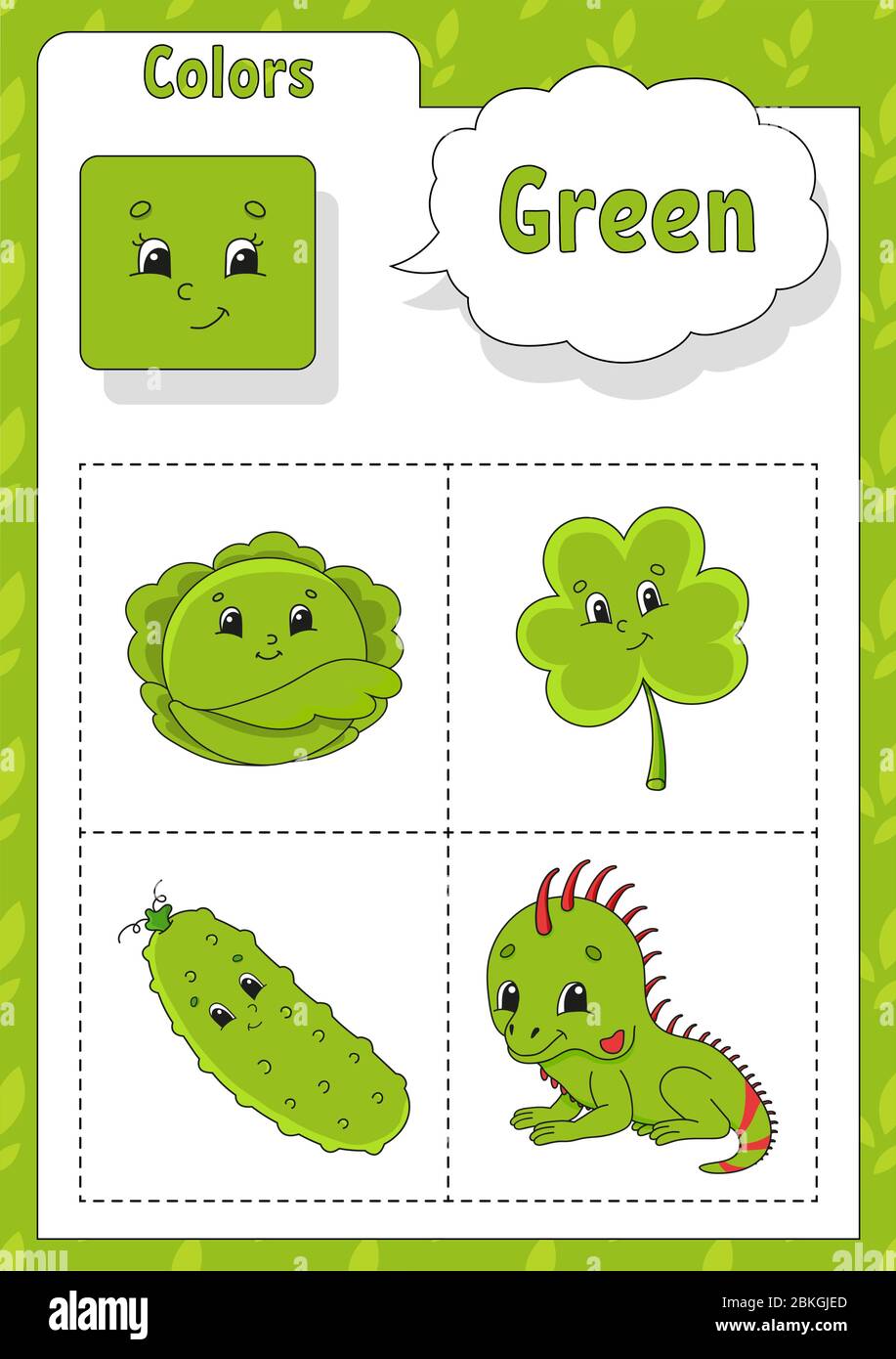 Learning colors. Green color. Flashcard for kids. Cute cartoon characters. Picture set for preschoolers. Education worksheet. Vector illustration Stock Vector Image & Art - Alamy Learning colors. Green color. Flashcard for kids. Cute cartoon characters. Picture set for preschoolers. Education worksheet. Vector illustration Stock Vector Image & Art - Alamy