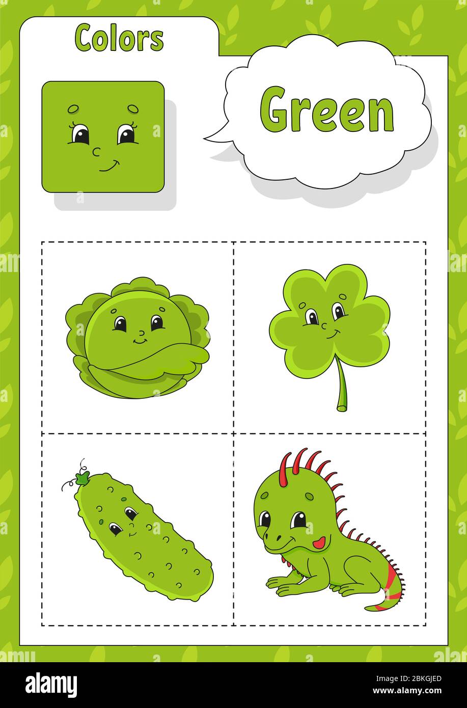 learning colors green color flashcard for kids cute cartoon characters picture set for preschoolers education worksheet vector illustration stock vector image art alamy