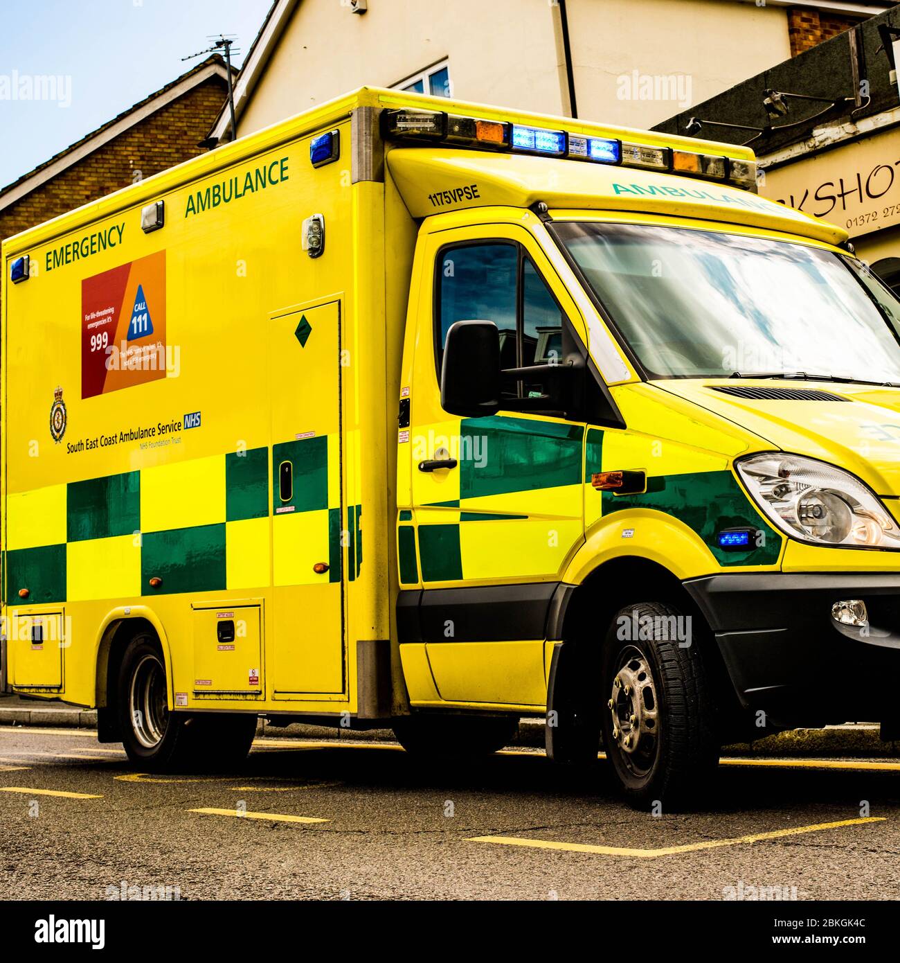 NHS Emergency Road Ambulance Attending An Incident In Surrey, UK Stock Photo