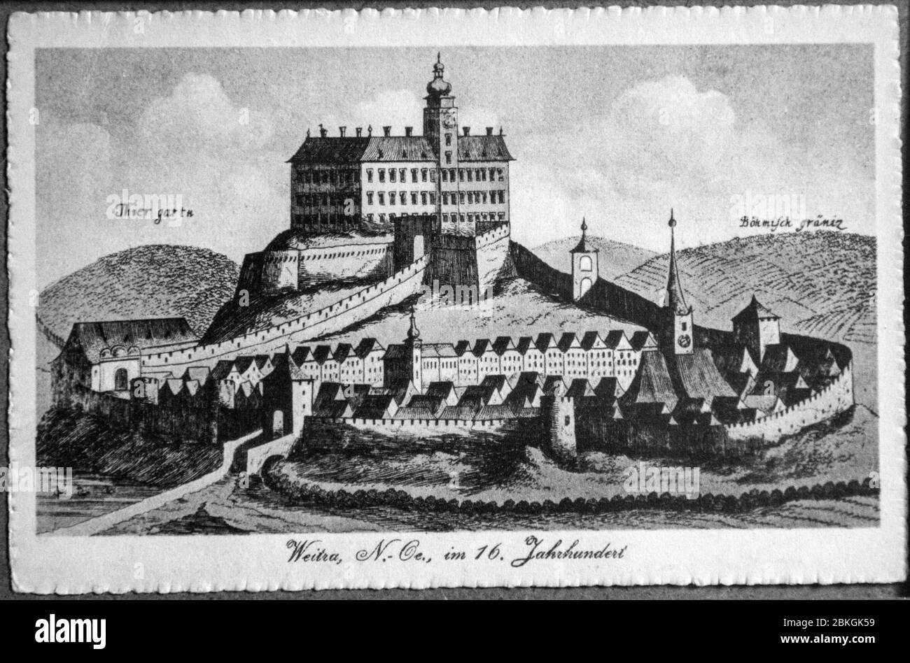 Historic postcard of Weitra, Waldviertel, Austria. Lithograph showing Weitra in the 16th century Stock Photo