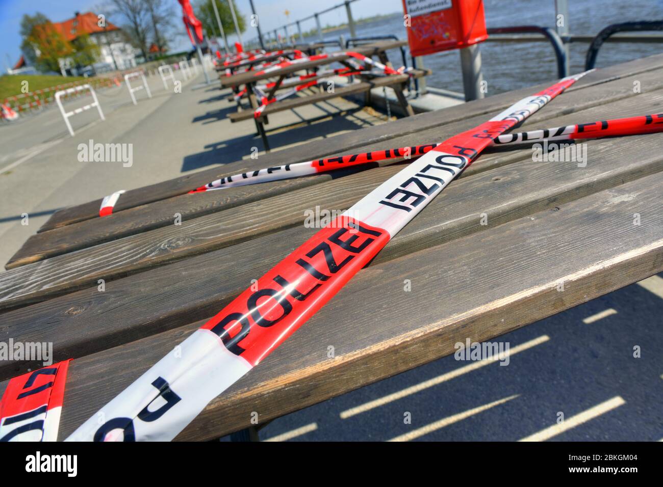 Because corona protection measures locked seating at the ferry dock in Zollenspieker Kirchwerder, Hamburg, Germany, Europe / Wegen Corona-Schutzmaßn Stock Photo
