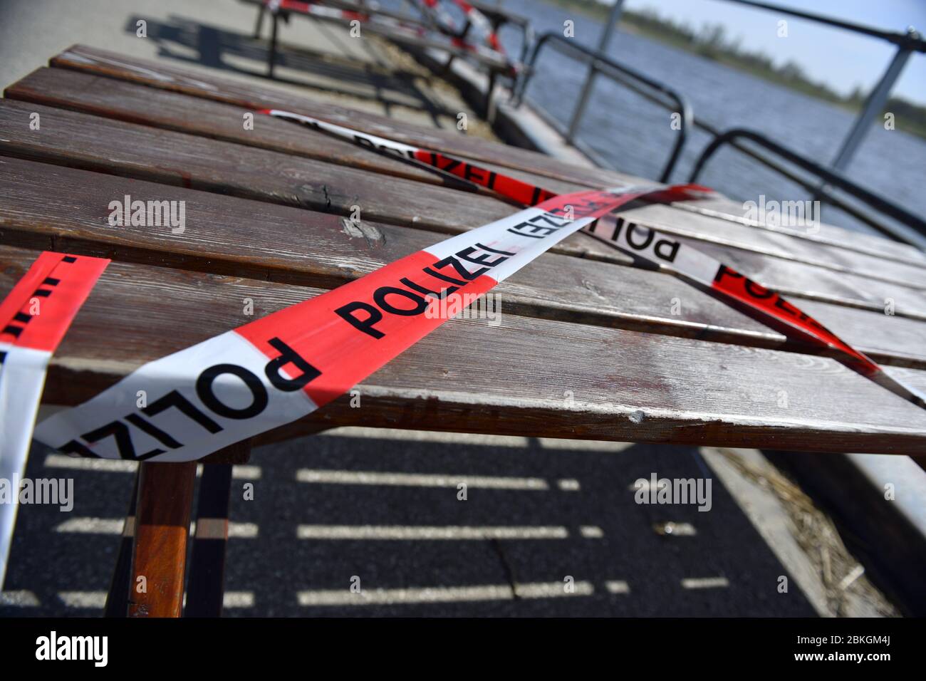 Because corona protection measures locked seating at the ferry dock in Zollenspieker Kirchwerder, Hamburg, Germany, Europe  /  Wegen Corona-Schutzmaßn Stock Photo