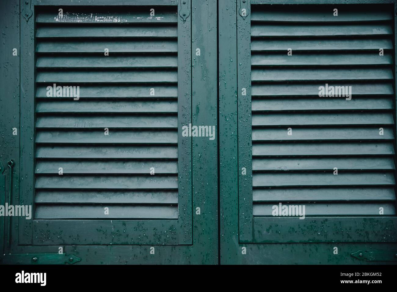 Green window shutters wooden dark vintage, blocking sunlight Stock