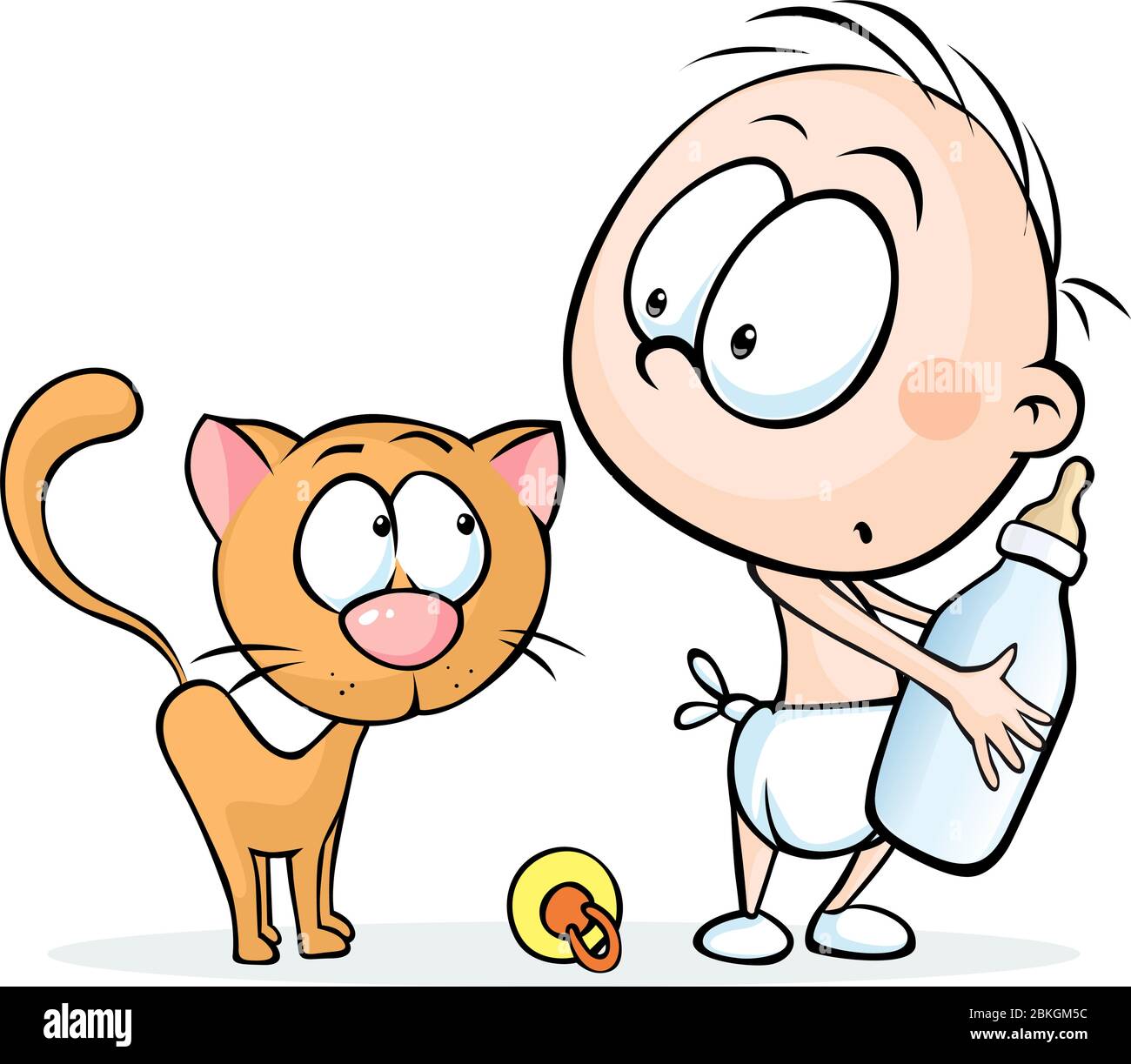 child standing and holding a bottle of milk and a cat watching him - vector illustration Stock Vector