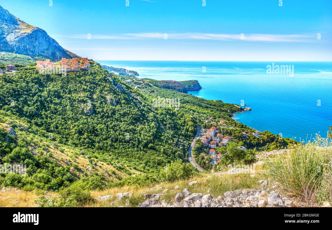 Montenegrin villages and Adriatic sea, view from above Stock Photo