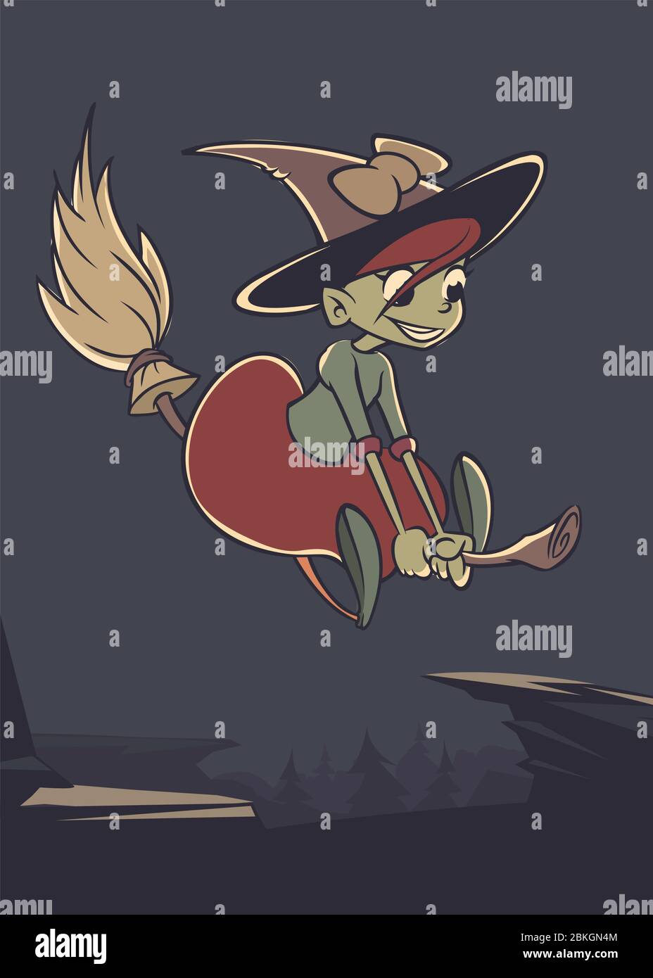 Halloween background with cute witch flying on her broom. Vector ...