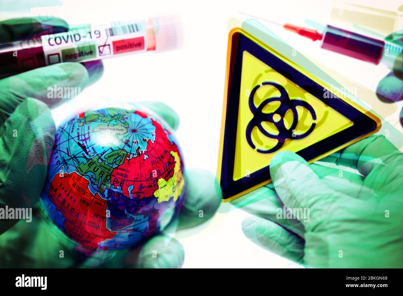 PHOTOMONTAGE, hands in latex gloves holding globe, blood collection tubes, Biogefährdungsschild