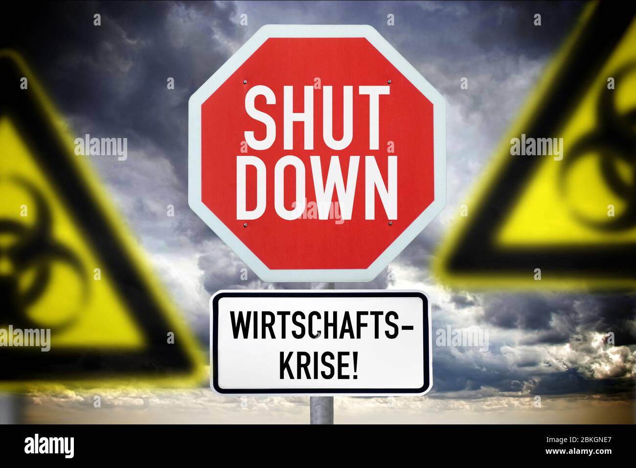 PHOTOMONTAGE, signs with inscription shutdown and economic crisis and Biogefährdungsschilder, Symbolfoto Corona shutdown  /  FOTOMONTAGE, Schilder mit Stock Photo