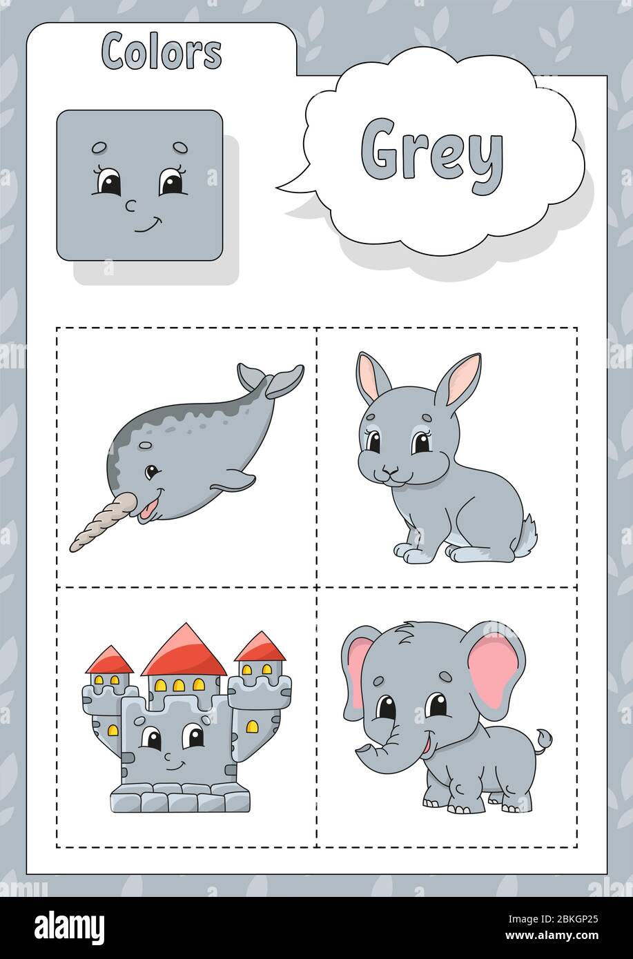 Learning colors. Grey color. Flashcard for kids. Cute cartoon characters. Picture set for preschoolers. Education worksheet. Vector illustration. Stock Vector