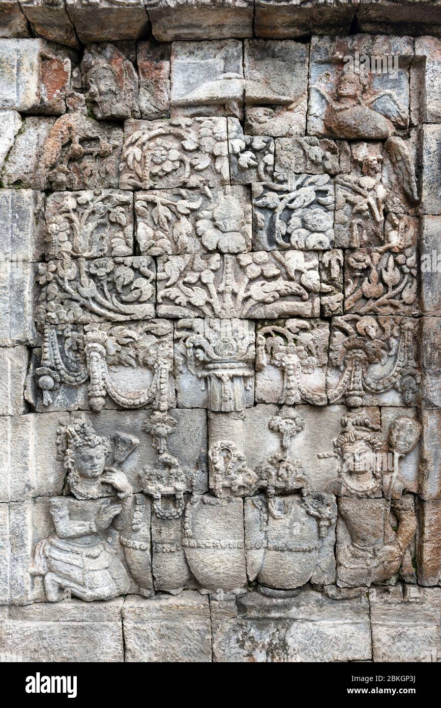 Bas-relief of Kalpataru, with Kinnara, Kinnari at Mendut Temple, Borobudur, Mageland, Jawa Tengah, Indonesia Stock Photo