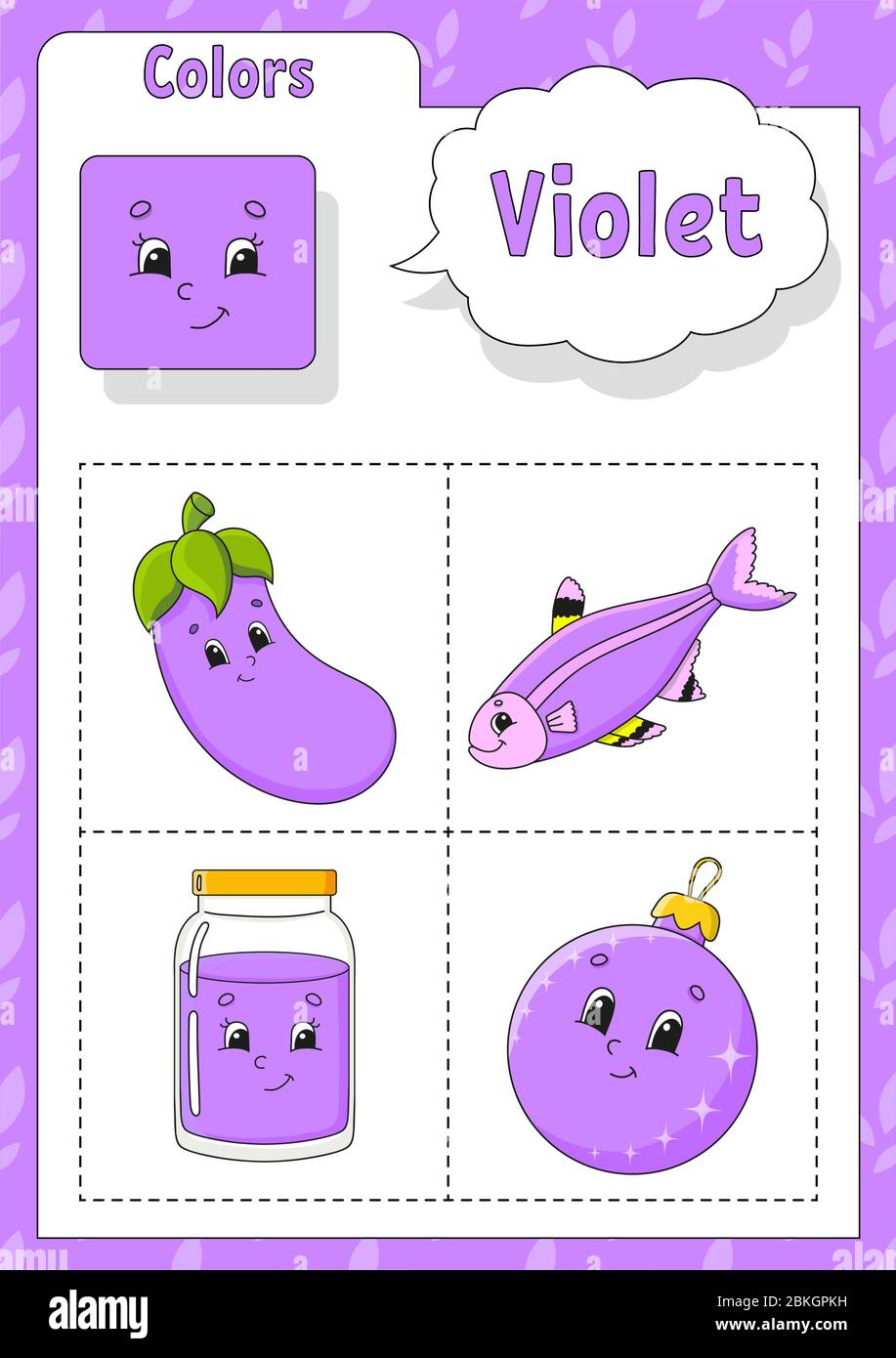 Learning colors. Violet color. Flashcard for kids. Cute cartoon characters.  Picture set for preschoolers. Education worksheet. Vector illustration  Stock Vector Image & Art - Alamy