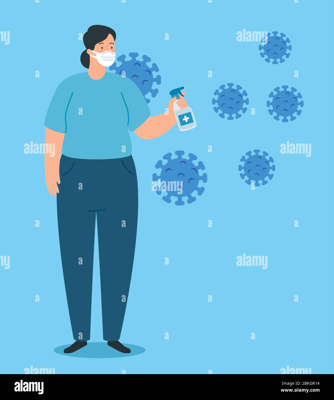 campaign of stop 2019 ncov and woman with spray disinfectant bottle