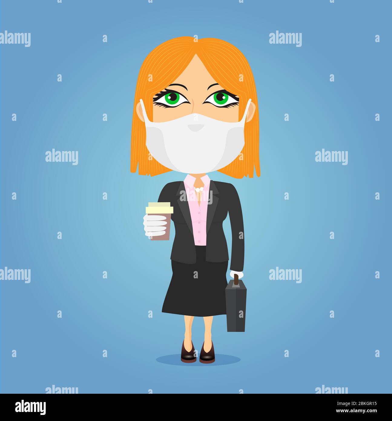 Caucasian Blonde businesswoman holding a coffee cup and a suitcase with antivirus mask and white gloves. She wears a dark suit with a tie in front of Stock Vector