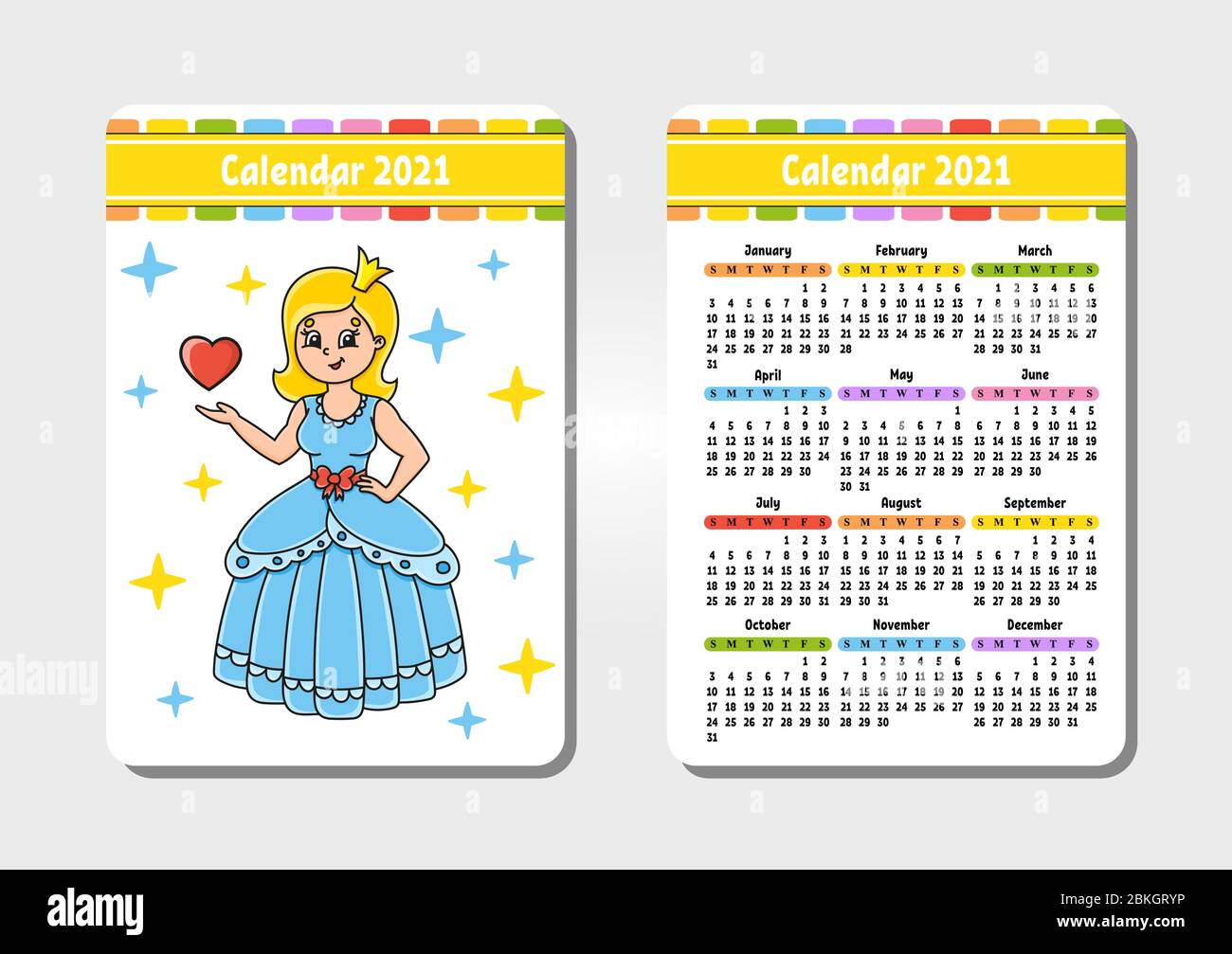 Calendar for 2021 with a cute character. Sweet princess. Pocket size. Fun and bright design. Color isolated vector illustration. Cartoon style. Stock Vector