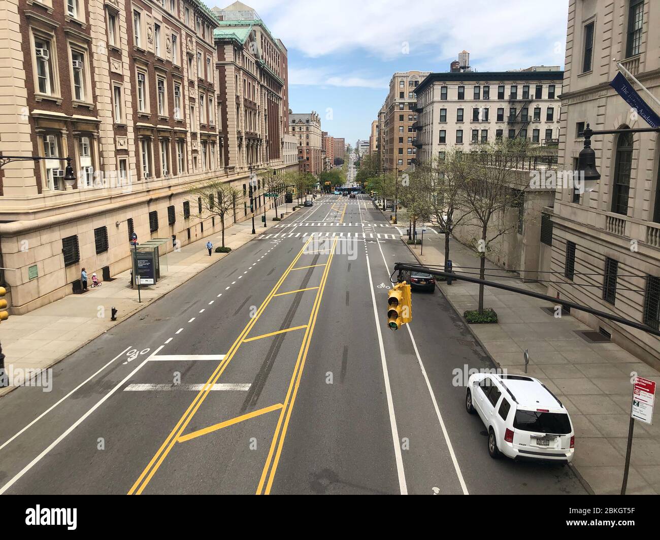 New York, USA, May 2020,  Overview of Amsterdam Avenue seen from Columbia University during the Coronavirsa lockdown resulting in quiet highways. Stock Photo
