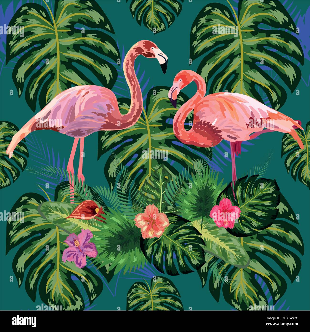 Beautiful hand drawn seamless pattern with palm leaves and flamingo ...