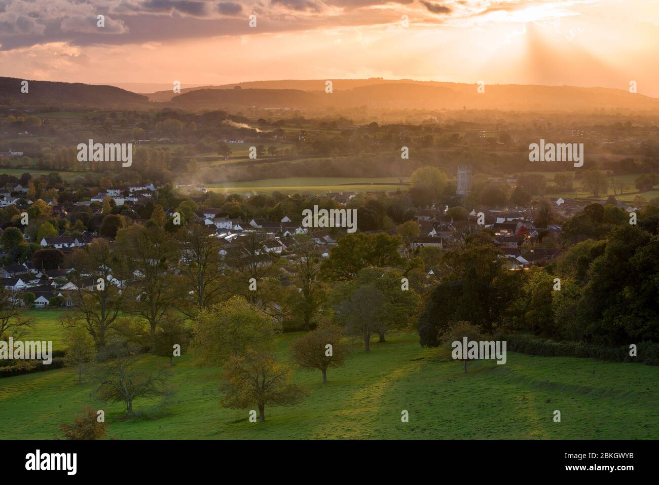 Autumnal view over the village of Wrington  and the Mendip Hills beyond from Old Hill in North Somerset, England. Stock Photo