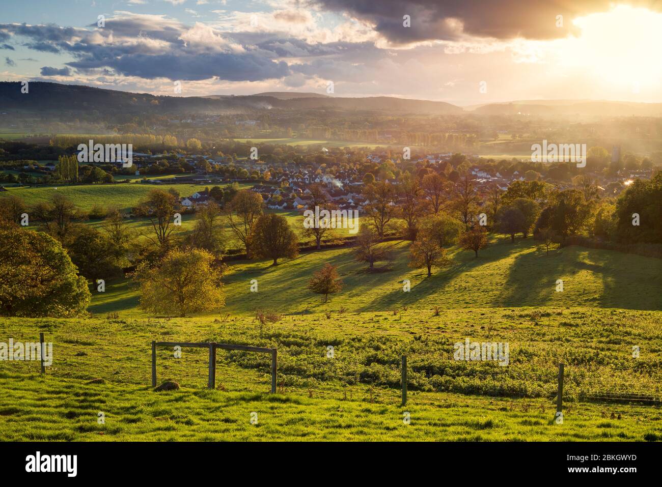 Autumnal view over the village of Wrington  and the Mendip Hills beyond from Old Hill in North Somerset, England. Stock Photo