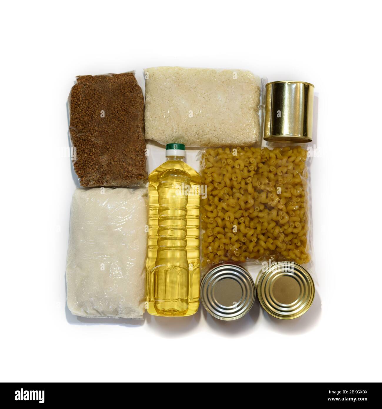 Food for delivery. Flat lay donation food. Coronavirus donation food. Space for text. Top view. Stock Photo